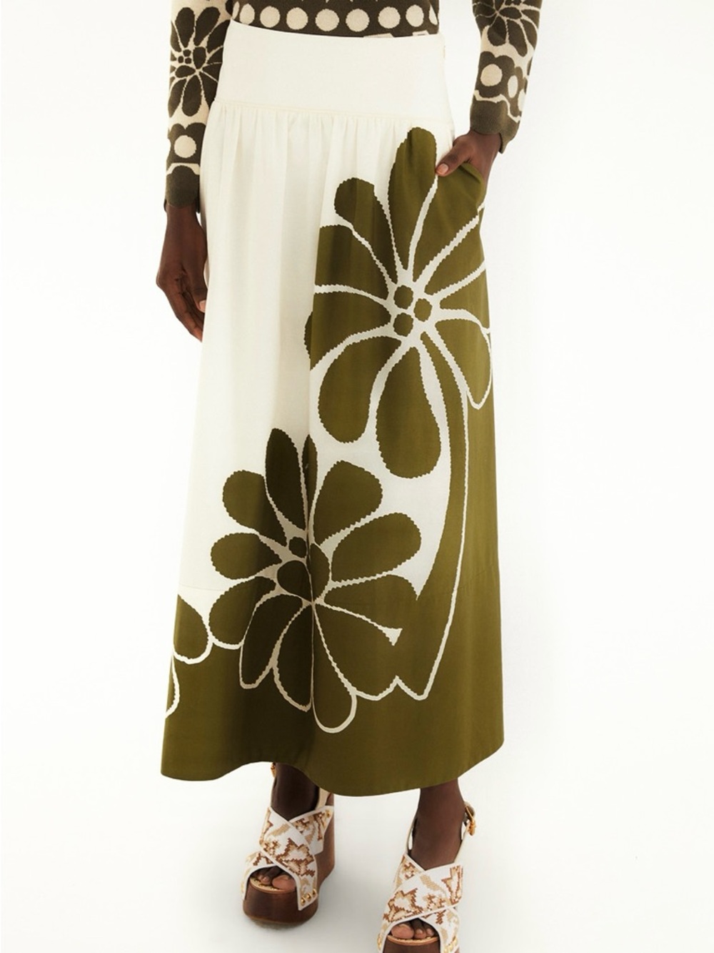 FARM Rio Off-White Green Palermo Organic Cotton Midi Skirt Size XS NWT